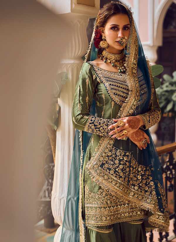 Olive Green and Blue Embroidered Gharara Suit – Lashkaraa