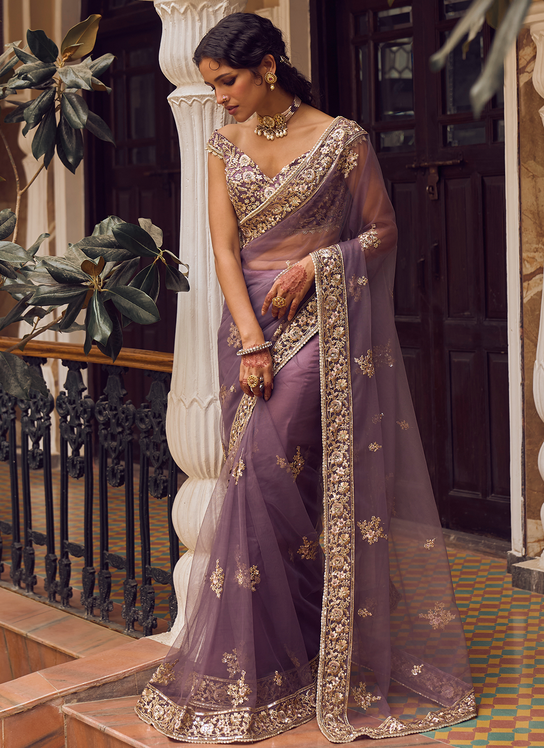 Purple Color Floral Print Saree