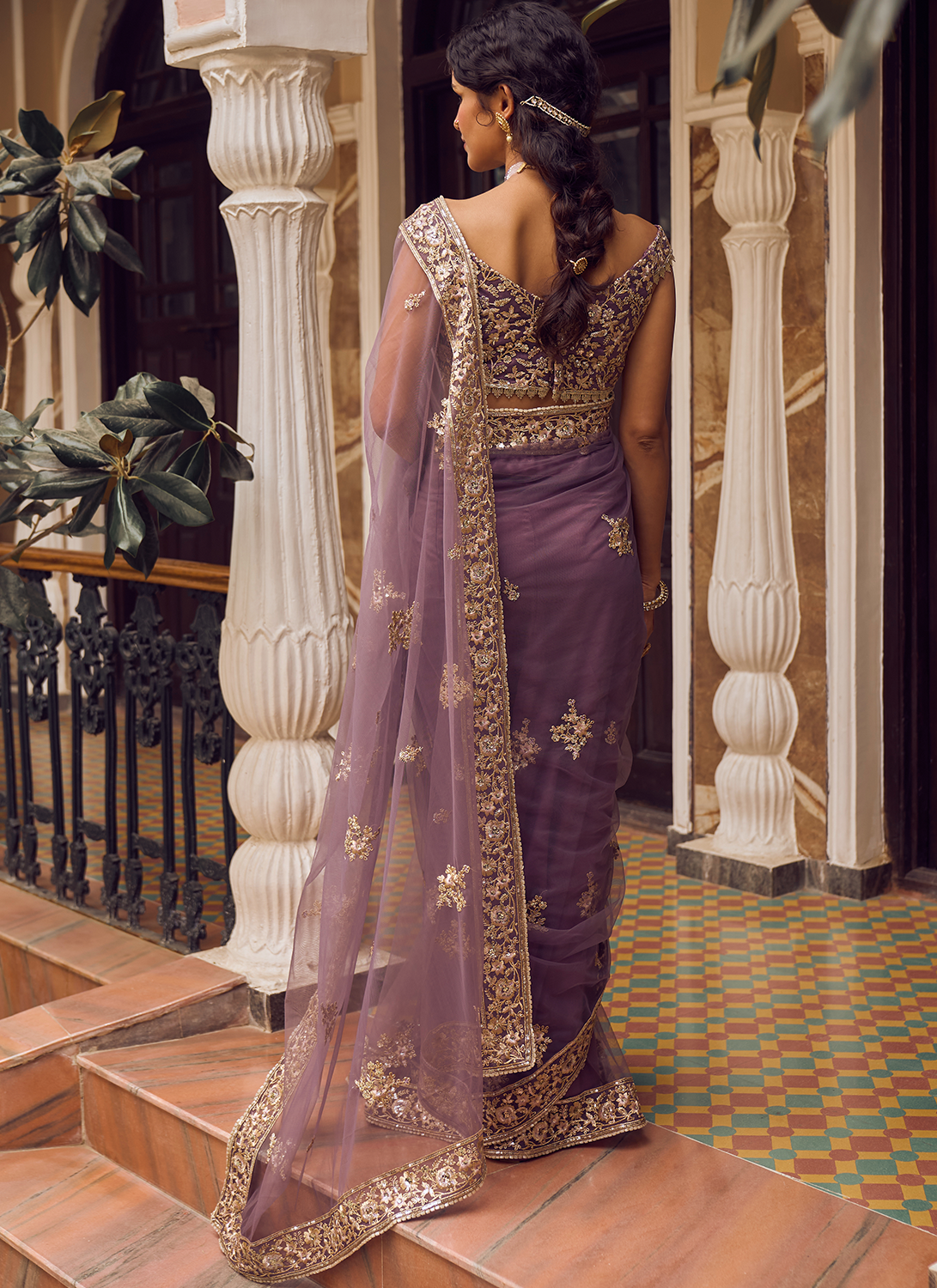 Auspicious Embroidered Georgette Lavender Designer Saree