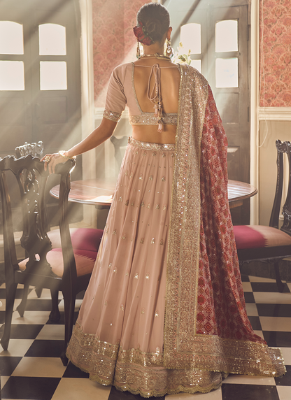 Dusty Pink and Red Embroidered Lehenga