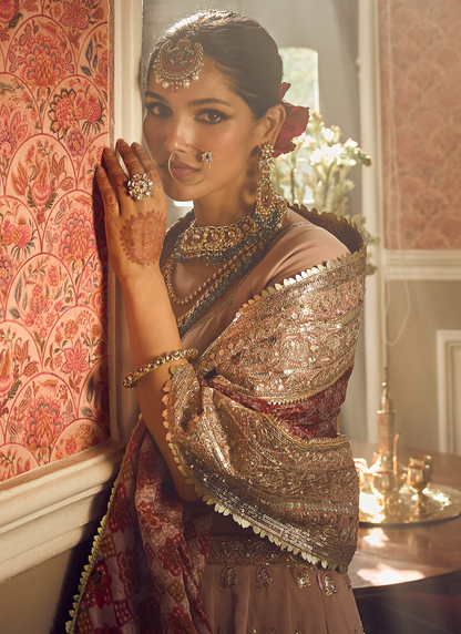 Dusty Pink and Red Embroidered Lehenga