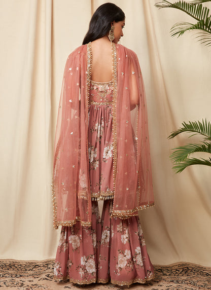 Dusty Rose Floral Georgette Gharara Suit