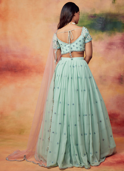 Mint Green and Light Pink Embroidered Lehenga