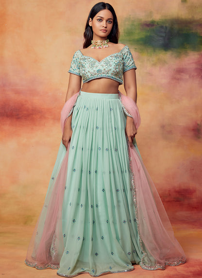 Mint Green and Light Pink Embroidered Lehenga