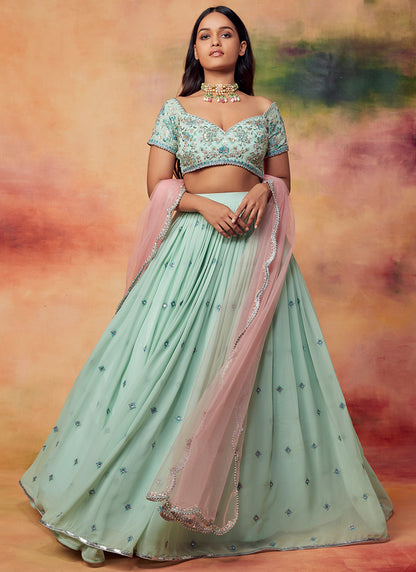 Mint Green and Light Pink Embroidered Lehenga