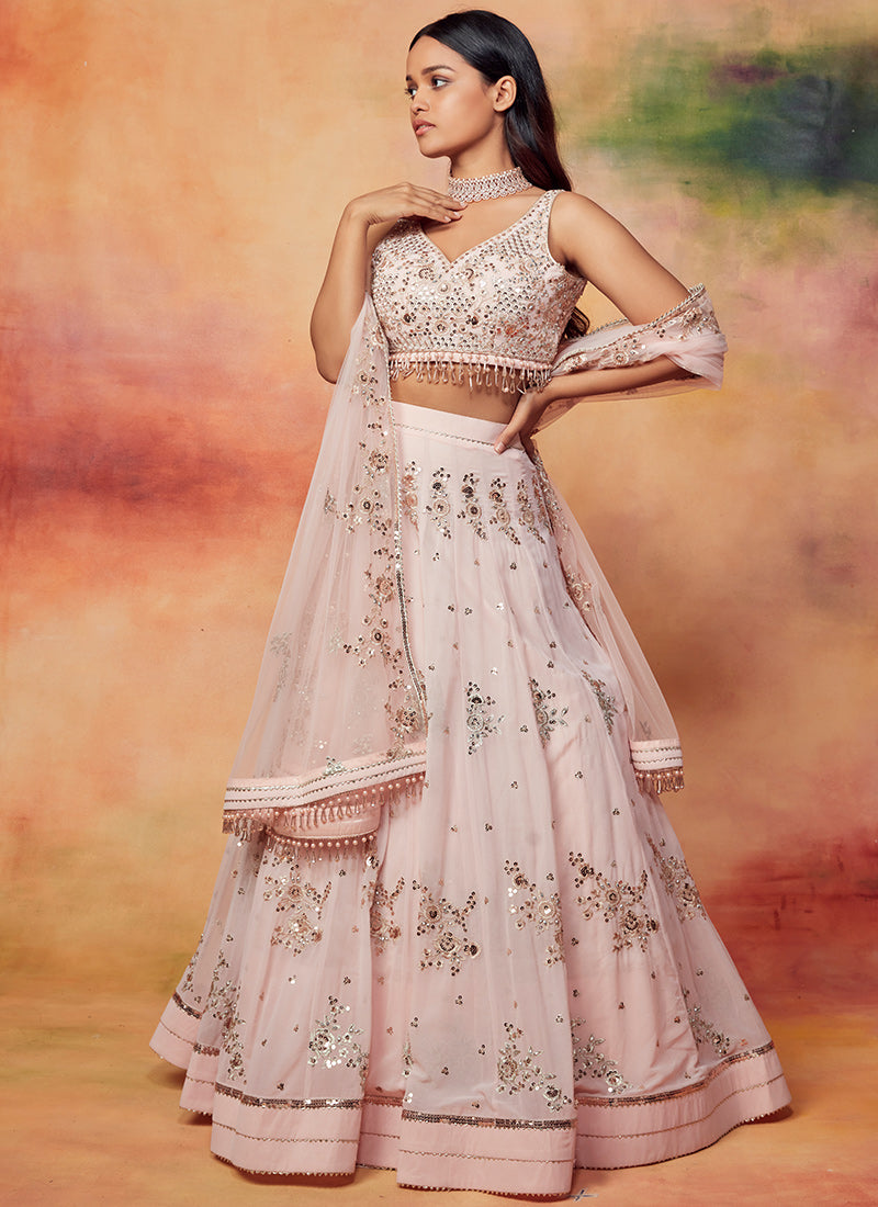 Peach Pink Lehenga Choli in Soft Net With Sequence and Threa