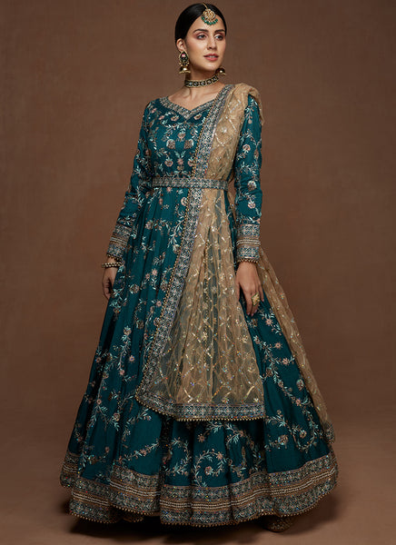 Teal Anarkali in Heavy Embroidered Silk Lashkaraa