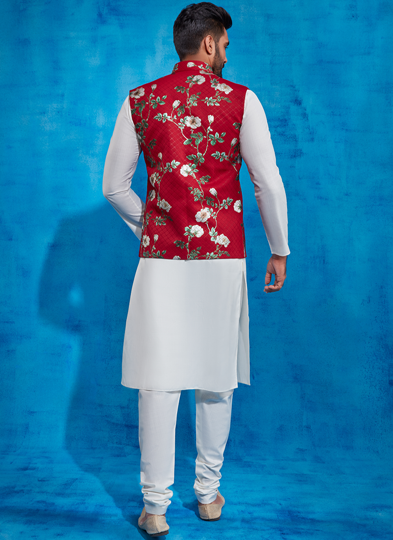 Red Art Silk Kurta Churidar With Nehru Jacket 653MW06