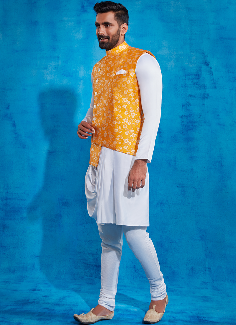 Printed Nehru Jacket With White Readymade Kurta Pajama 659MW04