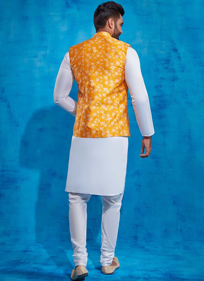 Buy online Yellow Self Design Kurta Pyjama With Jacket Set from Clothing  for Men by V-mart for ₹1439 at 15% off | 2024 Limeroad.com
