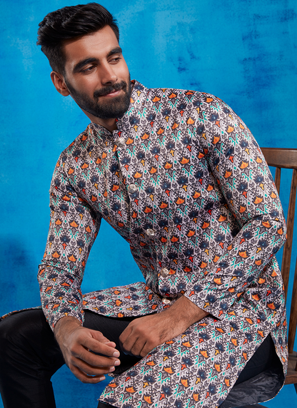 Multicolor Black Printed Sherwani