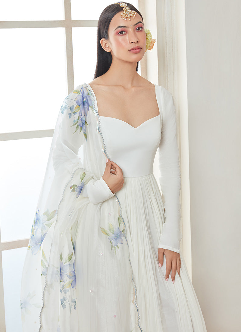 White dress shop with printed dupatta