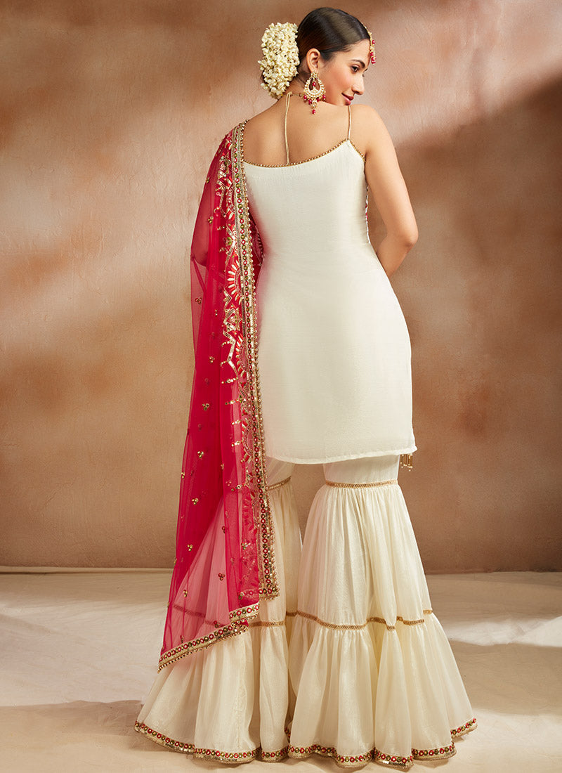 Off-White Kurti with Broad Cutwork Border and Plain Off-White Sharara Pants  | White sharara, Sharara pants, Golden dupatta