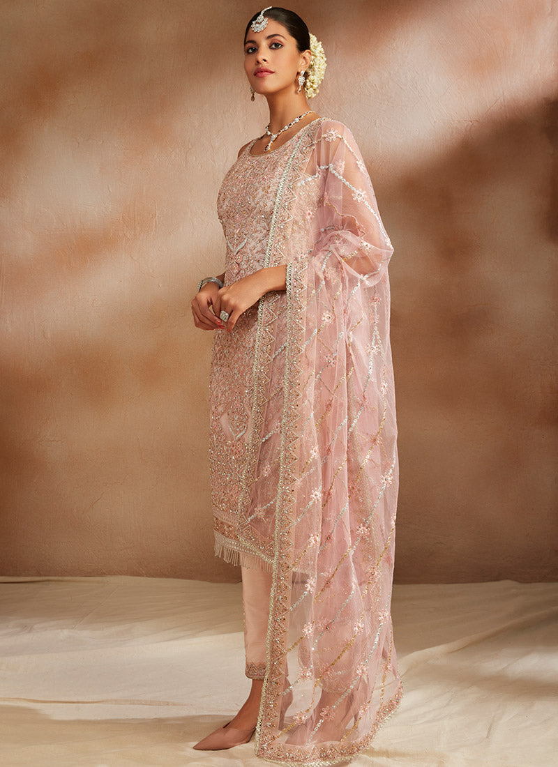 Peachy Pink Embroidered Straight Suit – Lashkaraa