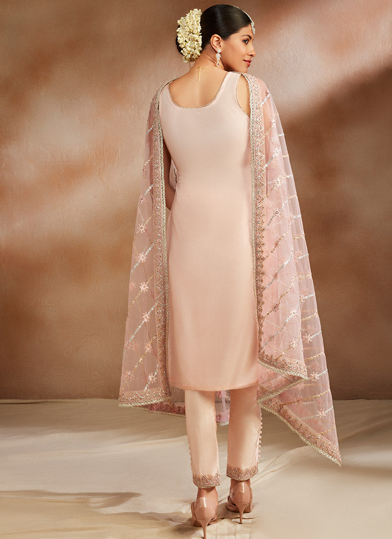 Peachy Pink Embroidered Straight Suit – Lashkaraa