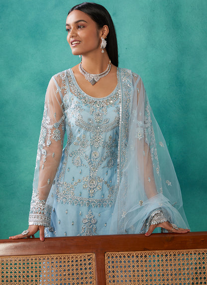 Powder Blue Heavy Embroidered Net Straight Suit