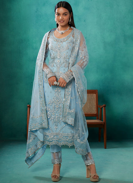 Gorgeous 3 2024 Piece Blue Emroidered Suit