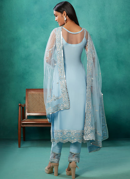 Powder Blue Heavy Embroidered Net Straight Suit