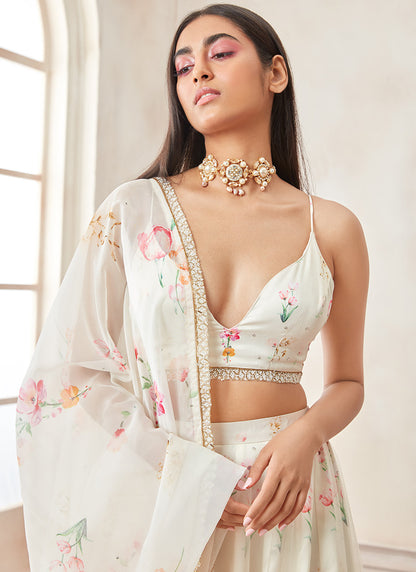 Off White Floral Printed Satin Lehenga