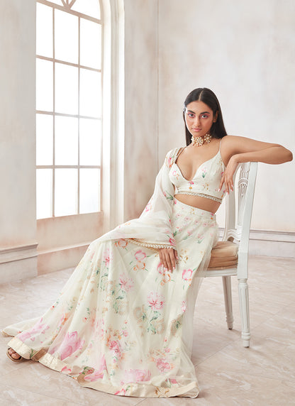 Off White Floral Printed Satin Lehenga