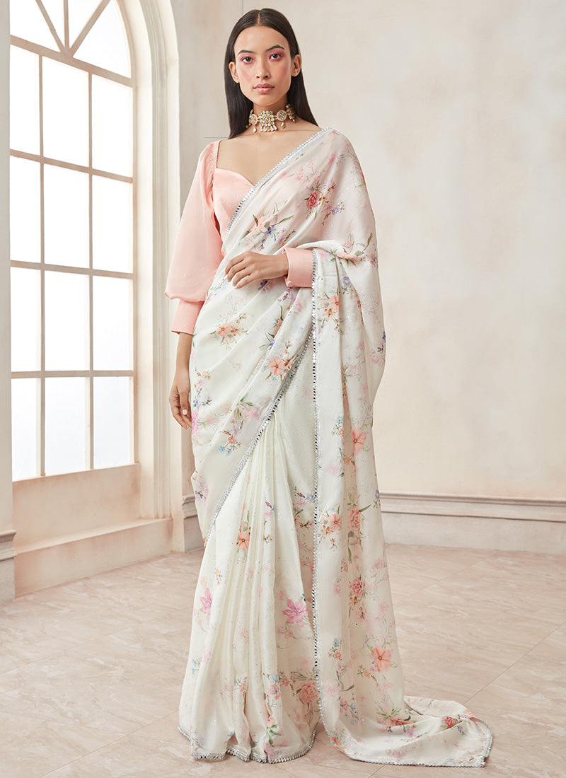 offwhite with black shibori satin saree with pearl embroidered lace border  - BOVEEE - 3832857