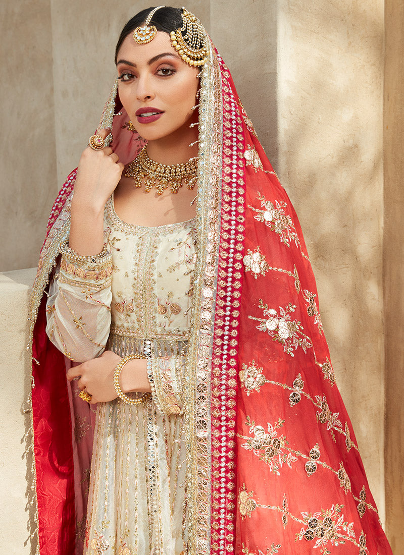 Pakistani Off White and Red Lehenga Choli Dupatta Bridal Dress – Nameera by  Farooq