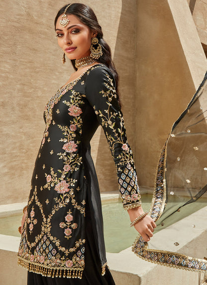 Black Multicolor Satin Punjabi Suit