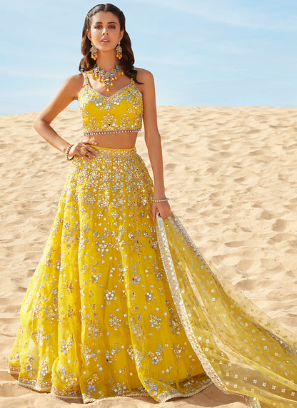 Yellow Mirror Embroidered Organza Lehenga