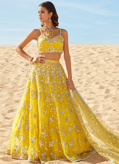 Yellow Mirror Embroidered Organza Lehenga