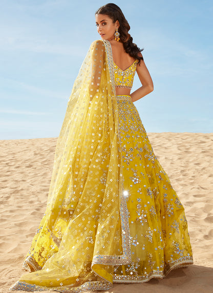 Yellow Mirror Embroidered Organza Lehenga