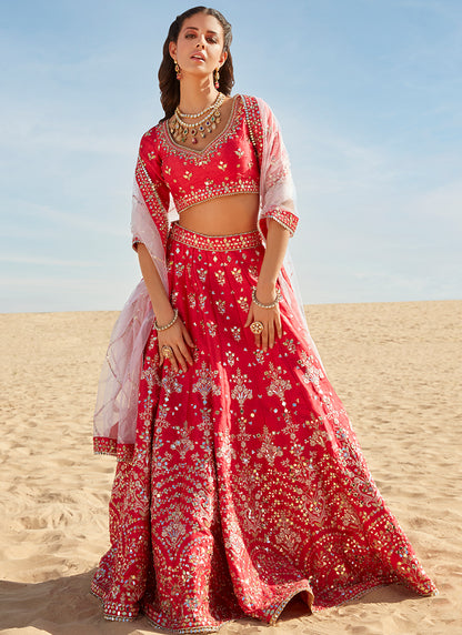 Hot Pink Mirror Embroidered Silk Lehenga