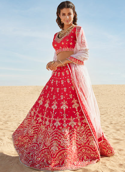 Hot Pink Mirror Embroidered Silk Lehenga