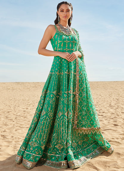 Green Mirror Embroidered Silk Anarkali