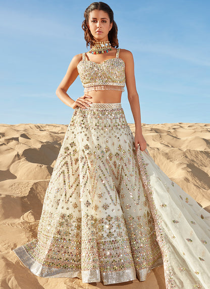 Off White Mirror Embroidered Organza Lehenga