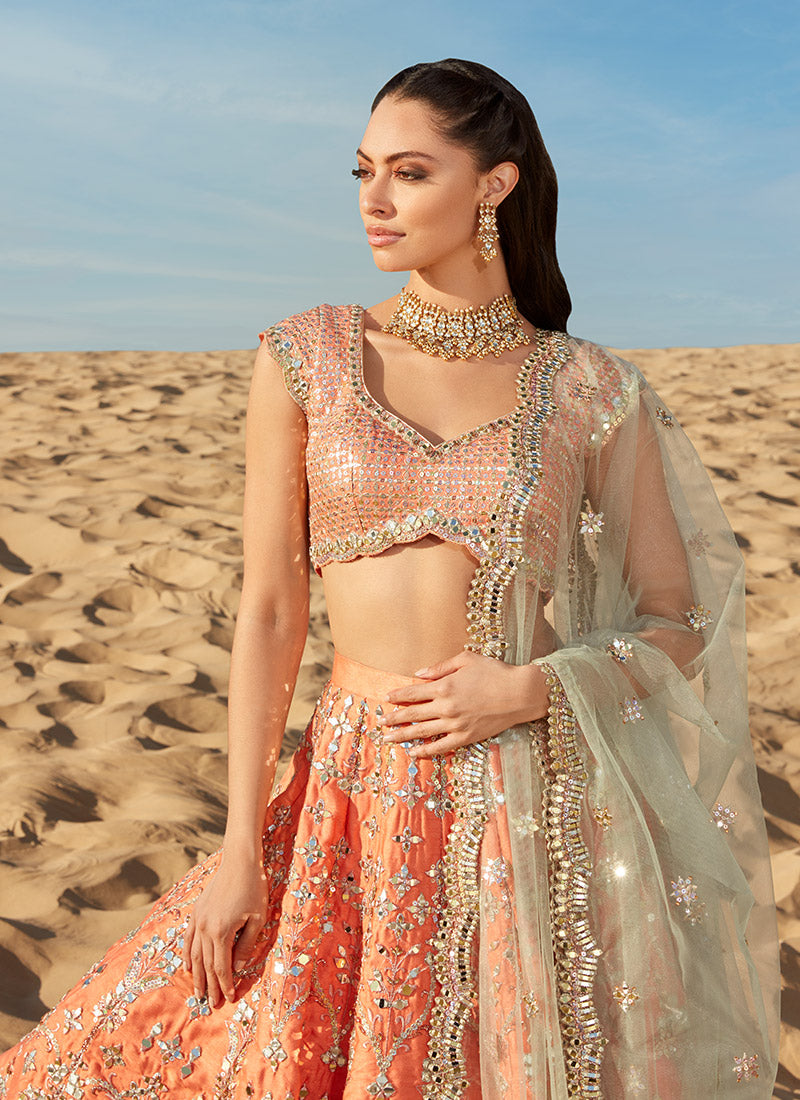 buy green orange banarasi lehenga choli online – Joshindia