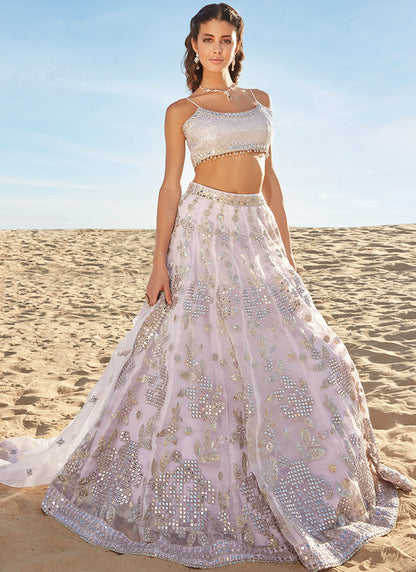 Soft Lavender Mirror Embroidered Organza Lehenga