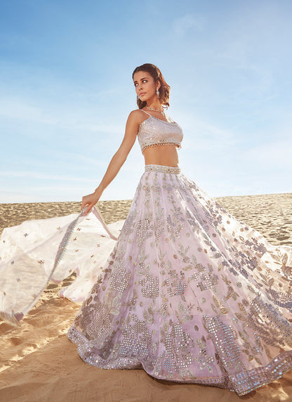 Soft Lavender Mirror Embroidered Organza Lehenga