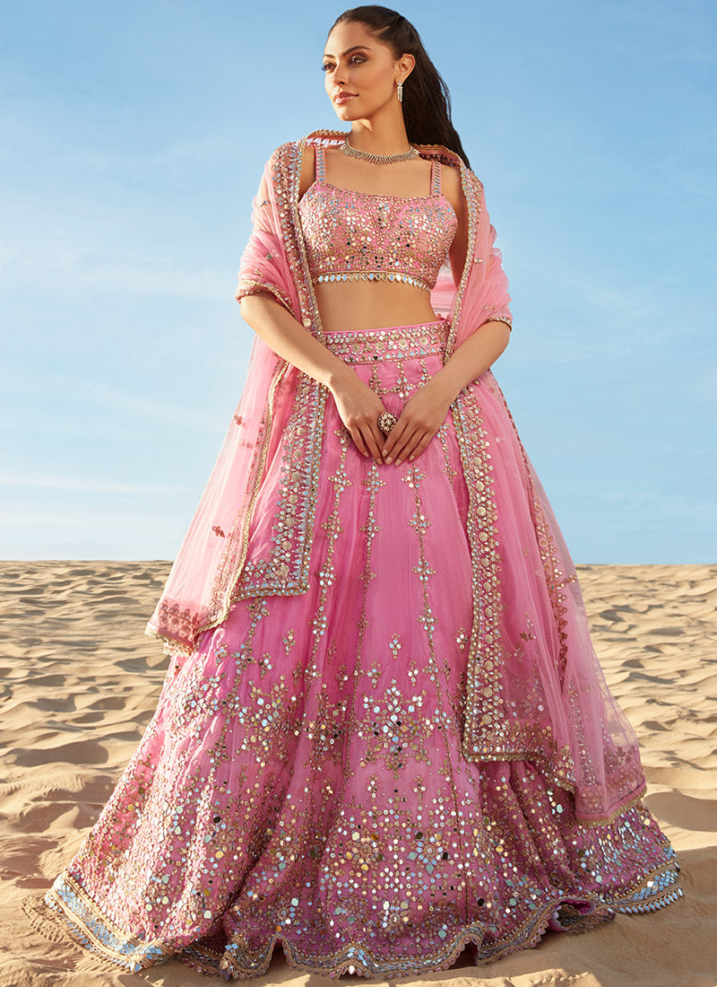 Buy Peach Silk Embroidered Nandini And Leather Work Bridal Lehenga Set For  Women by Chamee and Palak Online at Aza Fashions.
