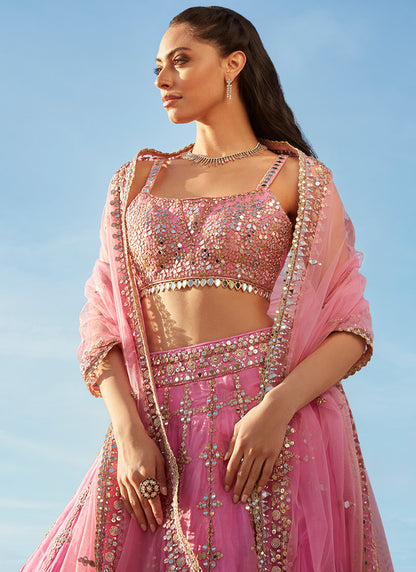 Pink Mirror Embroidered Organza Lehenga