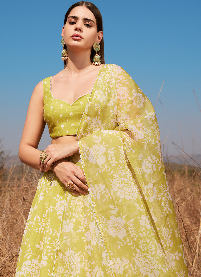 Olive Yellow Floral Chanderi Lehenga – Lashkaraa