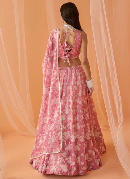 Dusty Pink White Floral Printed Lehenga