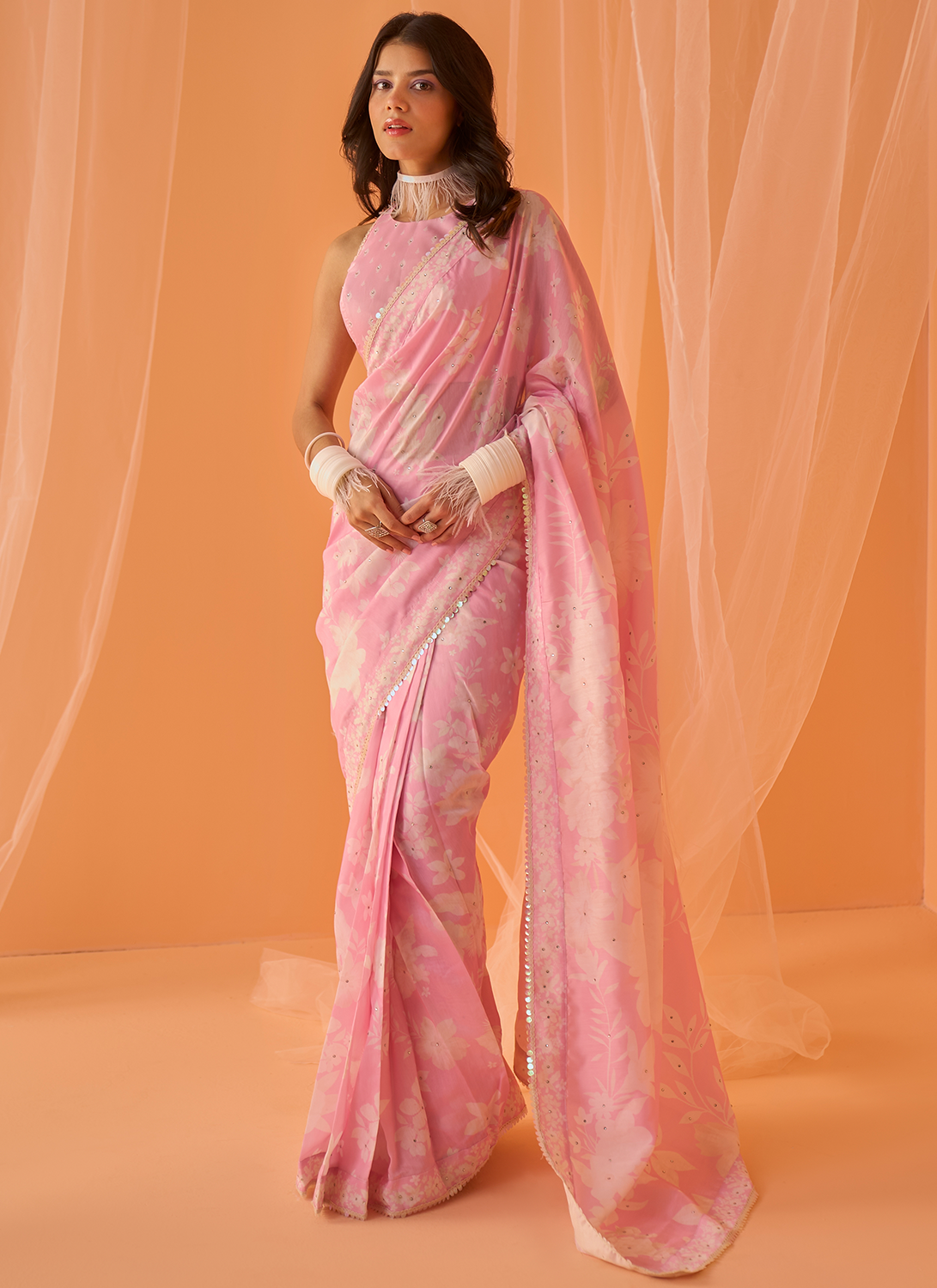 Light Pink White Floral Printed Saree – Lashkaraa