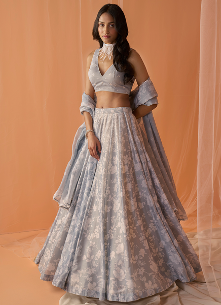 Light Grey White Floral Printed Lehenga – Lashkaraa