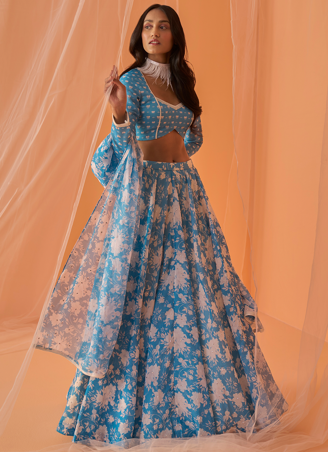 Buy White and Blue Printed Lehenga with Dupatta Online in USA – Pure  Elegance