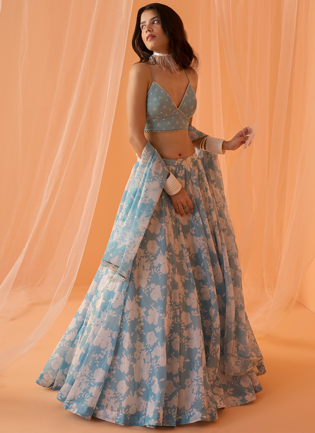 Buy Yellow Floral Silk Lehenga with Blue Embroidered Blouse Online USA –  Pure Elegance
