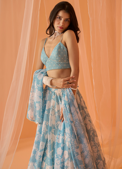 Pastel Blue White Floral Printed Lehenga