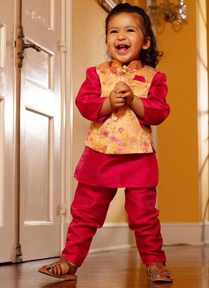 Kids Hot Pink and Yellow Floral Nehru Jacket Set