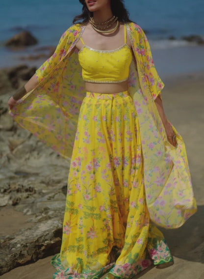 Yellow Floral Printed Crop Sharara Set