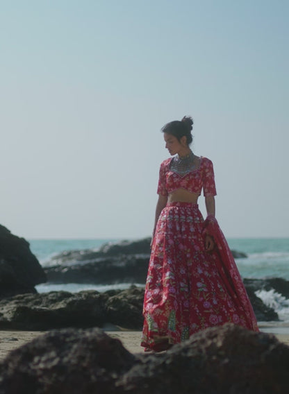 Deep Red Floral Printed Lehenga