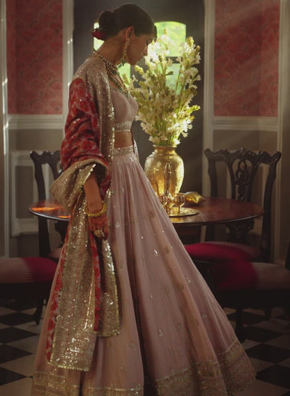 Dusty Pink and Red Embroidered Lehenga